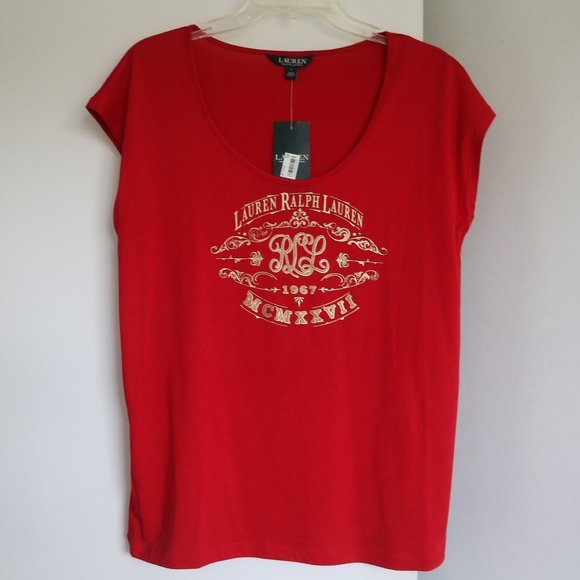 Ralph Lauren Red & Gold Short Sleeve T-Shirt Top Scoop Neck L New - Picture 1 of 3